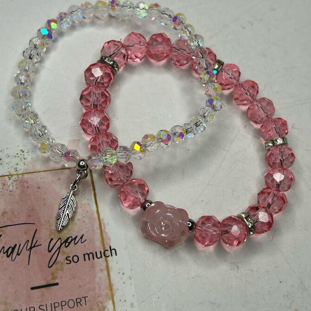 Pink Crystal & Rose Flower Bracelets